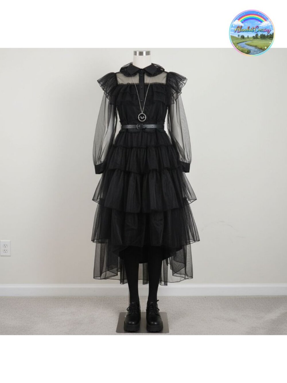 Women's Gothic Black Tulle Lace Dress Cosplay Costume with Necklace